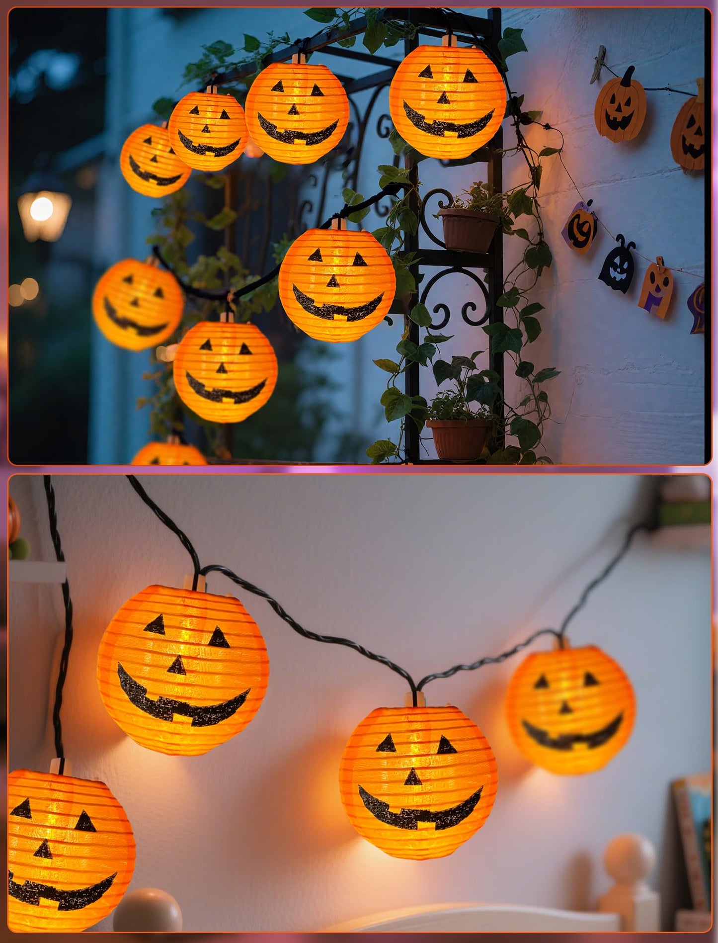 8.5Ft Halloween Pumpkin Lantern String Lights Outdoor, Orange Halloween Decorations String Lights with 10 Mini Jack O Lanterns Lights, Plug in Pumpkin Lantern Lights for Indoor Party Patio Garden