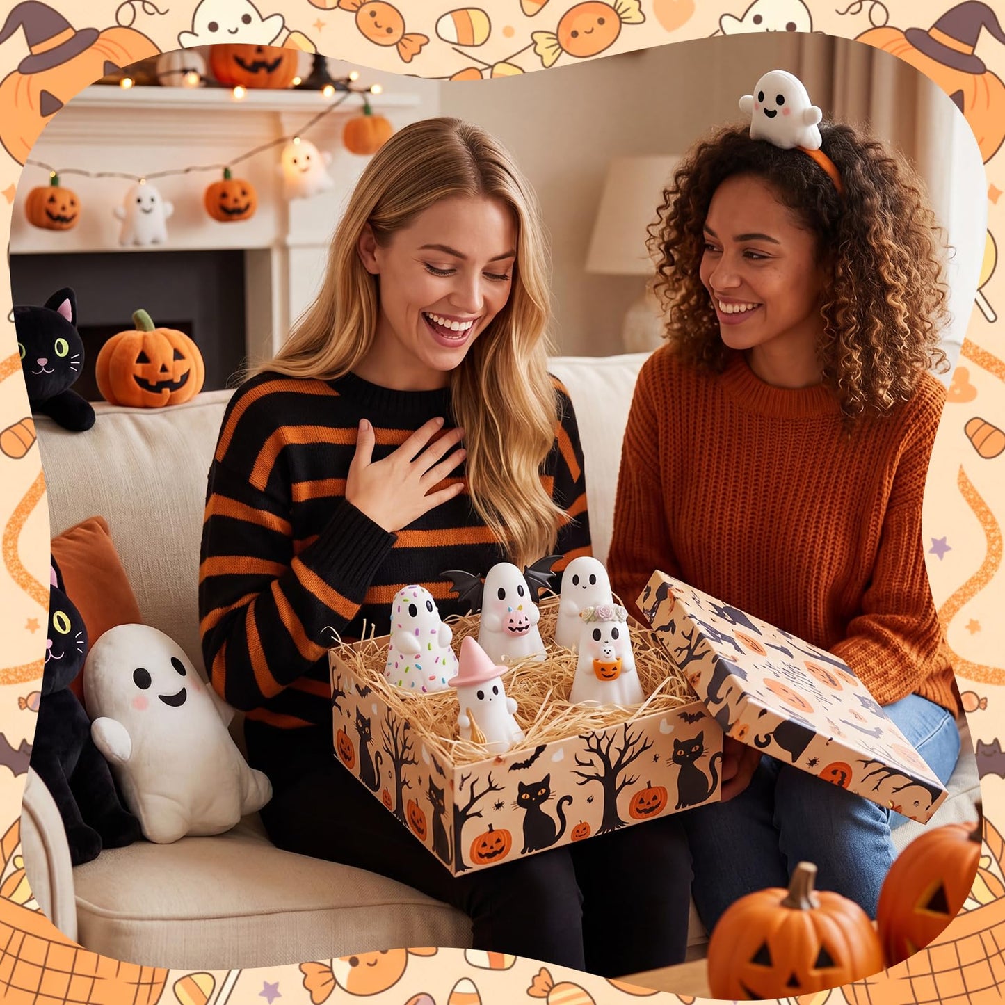Simgoing 5 Pcs Halloween Cute Ghost Figurines Resin Pastel Halloween Decorations Ghost Figurine with Pumpkin Bucket, Witch Hat, Bat, Candy, Flower Spooky Statue Home Decor for Table Tiered Tray Mantel