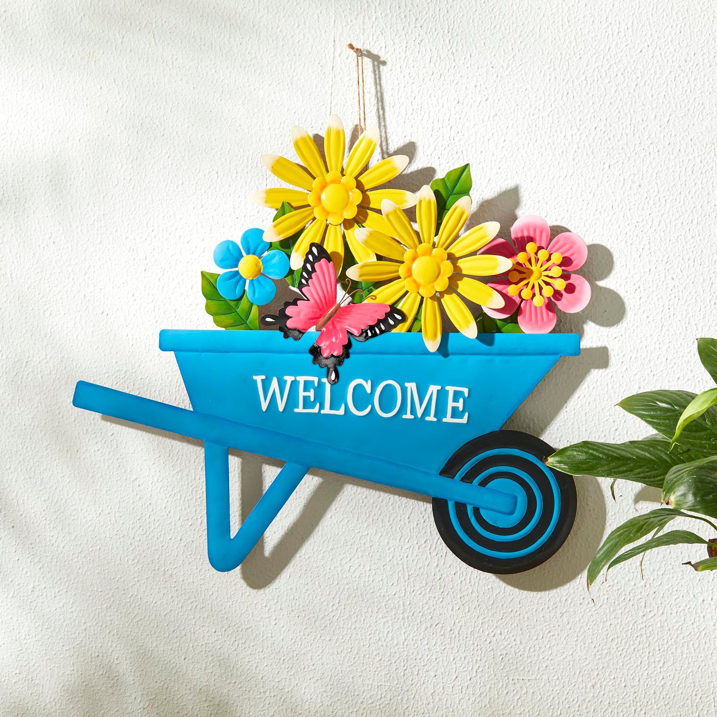 Glitzhome Cart Decorative Garden Stakes, Spring Metal Yard Decor with Lifelike Flower or Wall Decor, Flower Barrow Stake Garden Signs for Outside, 30” H