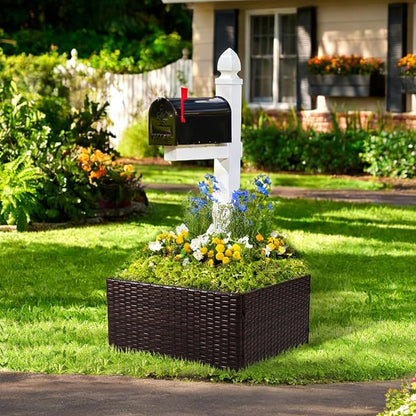 SUNNYPARK Mailbox Post Wrap Planter Box 24x24x12inch | Handmade All-Weather PE Rattan, Easy Assembly, Fits for 4x4 6x6 Posts, Flower Planter Box Decorative for Mailbox Post Outside