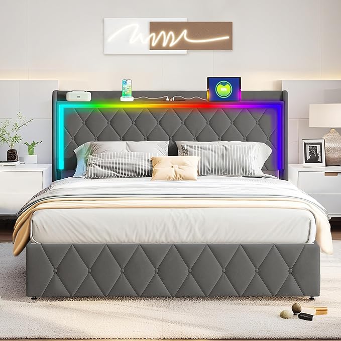 Modern Multi-Color LED Light Queen Bed Frame