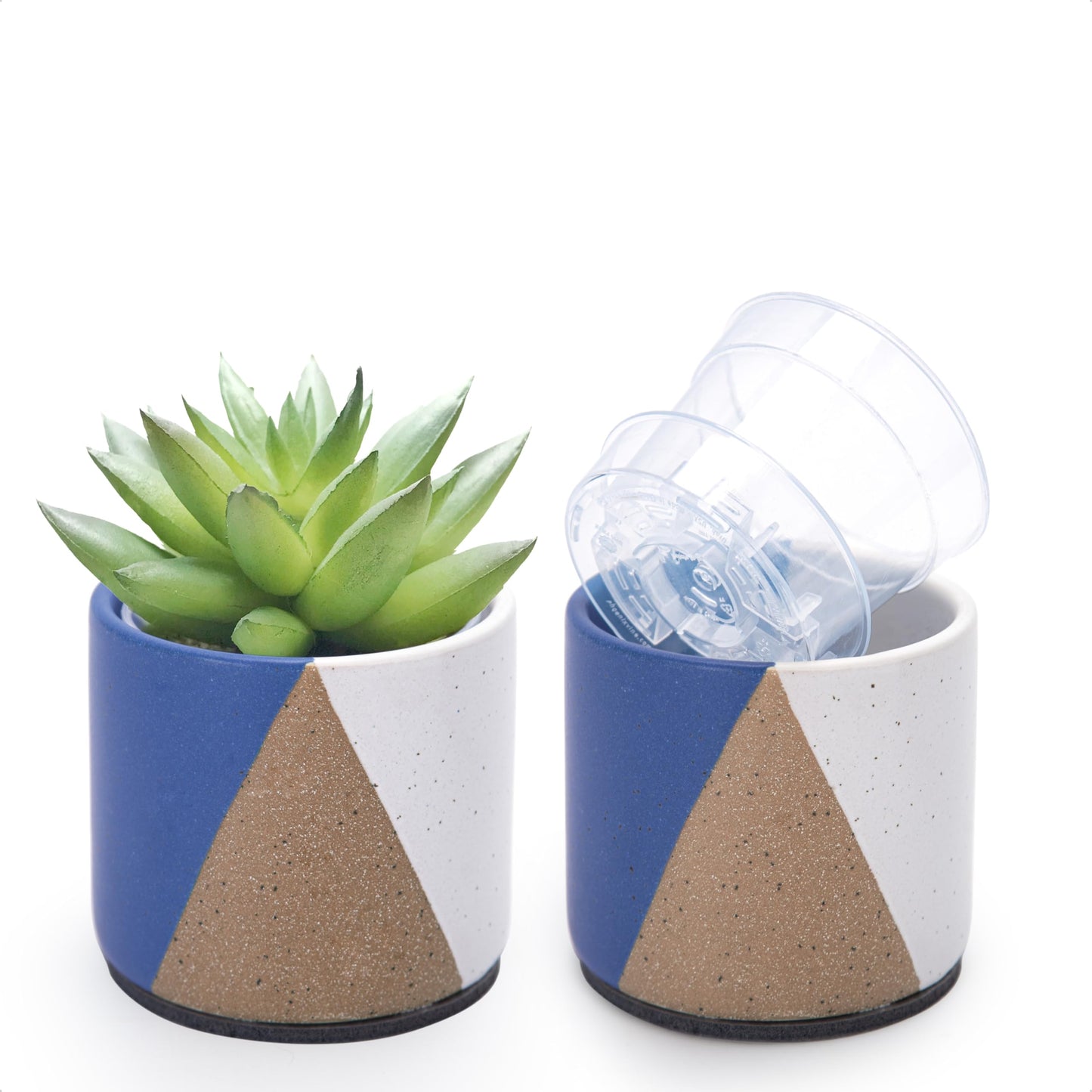 D'vine Dev 3.5" Stoneware Cachepot Planter with 3" Clear Nursery Pot & Detachable Saucer – Indoor Plant Pot with Drainage for Bottom Watering & Root Visibility, Cobalt Canyon, Set of 2, 93-V-A-3