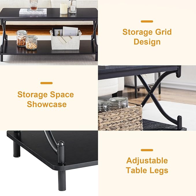 VECELO Coffee Table for Living Room with Round Corners Modern Farmhouse Center Table with Storage Shelf for Home Office 39 Inch, Easy Assembly, Classic Black