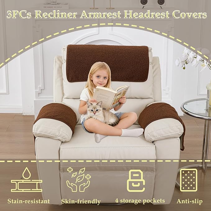 Armrest Covers - Arm Chair Covers Set of 3 Recliner Chair Covers,