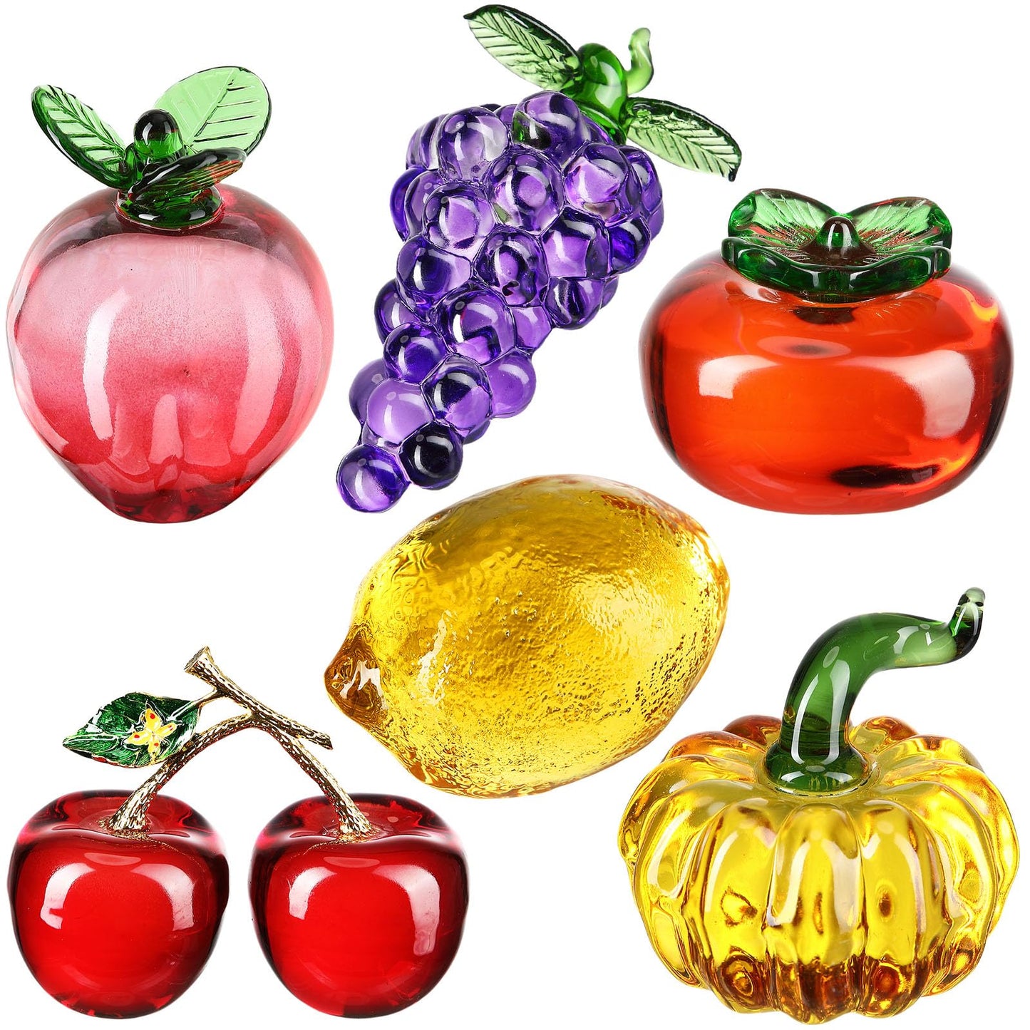 Reallnaive 6 Pcs Crystal Glass Fruit Decor Cherry Grape Persimmon Lemon Pumpkin Peach Figurine Collectibles Hand Blown Glass Fruit Decoration for Home Decor Gift for Wedding Birthday Wedding
