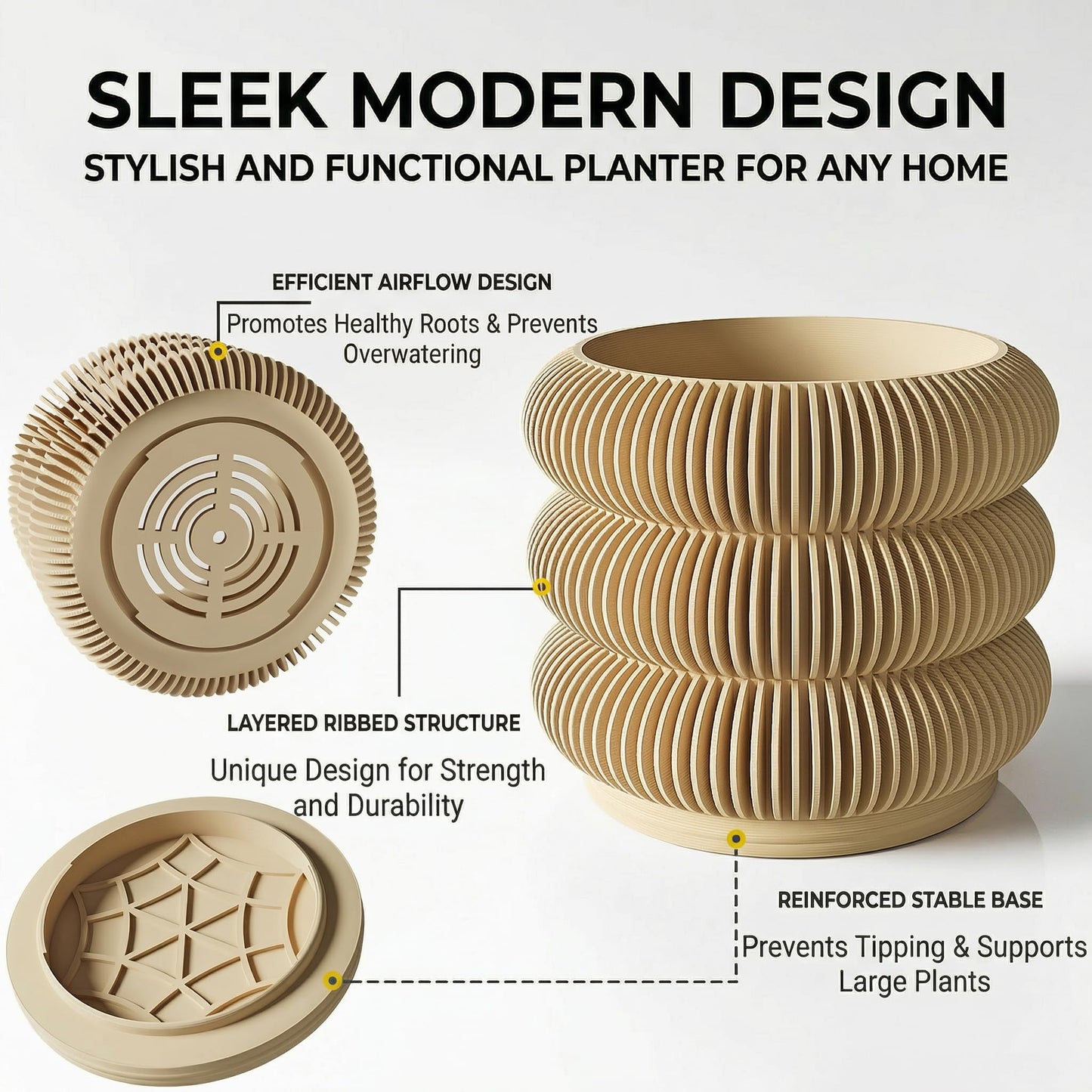 Fabix3D Modern 3D Printed Planter Pot, Minimalist Ripple Design, Lightweight PLA Material, Round Shape with Drainage and Saucer, for Succulents and Indoor Plants (Wood, 4.7")