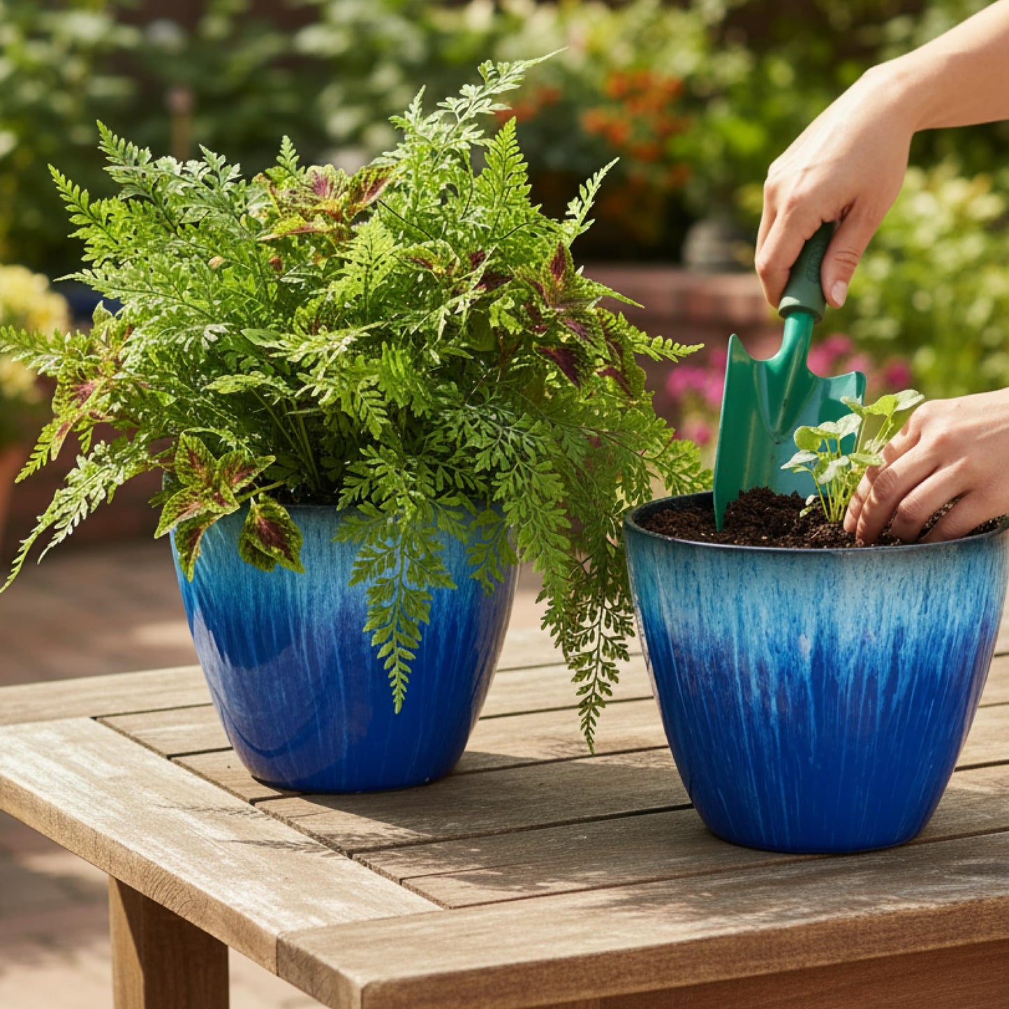 LESOASIS 8 inch Plant Pots with Drainage Holes, Pack of 4 Plastic Flower Pots Indoor, Modern Glossy Finishing Planter for Indoor Outdoor Plants (Blue Glaze, 4 Pack)