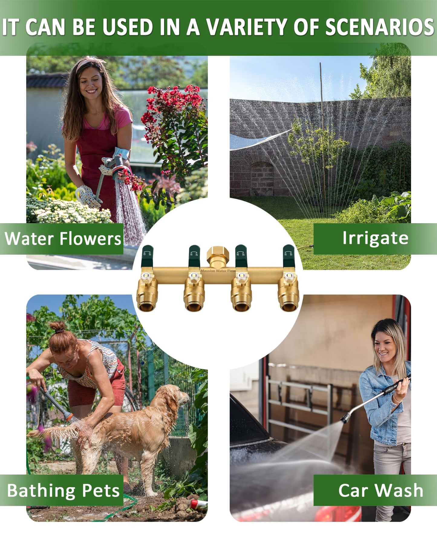 4 Way Hose Splitter, Heavy Duty Full Flow Garden Hose Splitter with 4 Large Metal Handles, Brass Water Hose Bib Splitter, T Adapter Connector with 3/4 - Inch GHT Thread (Green)