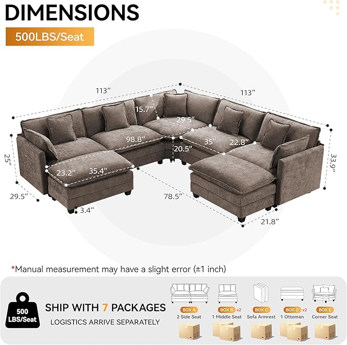 113'' V Shaped Cloud Sectional Sofa, Oversized Deep Seat Couches