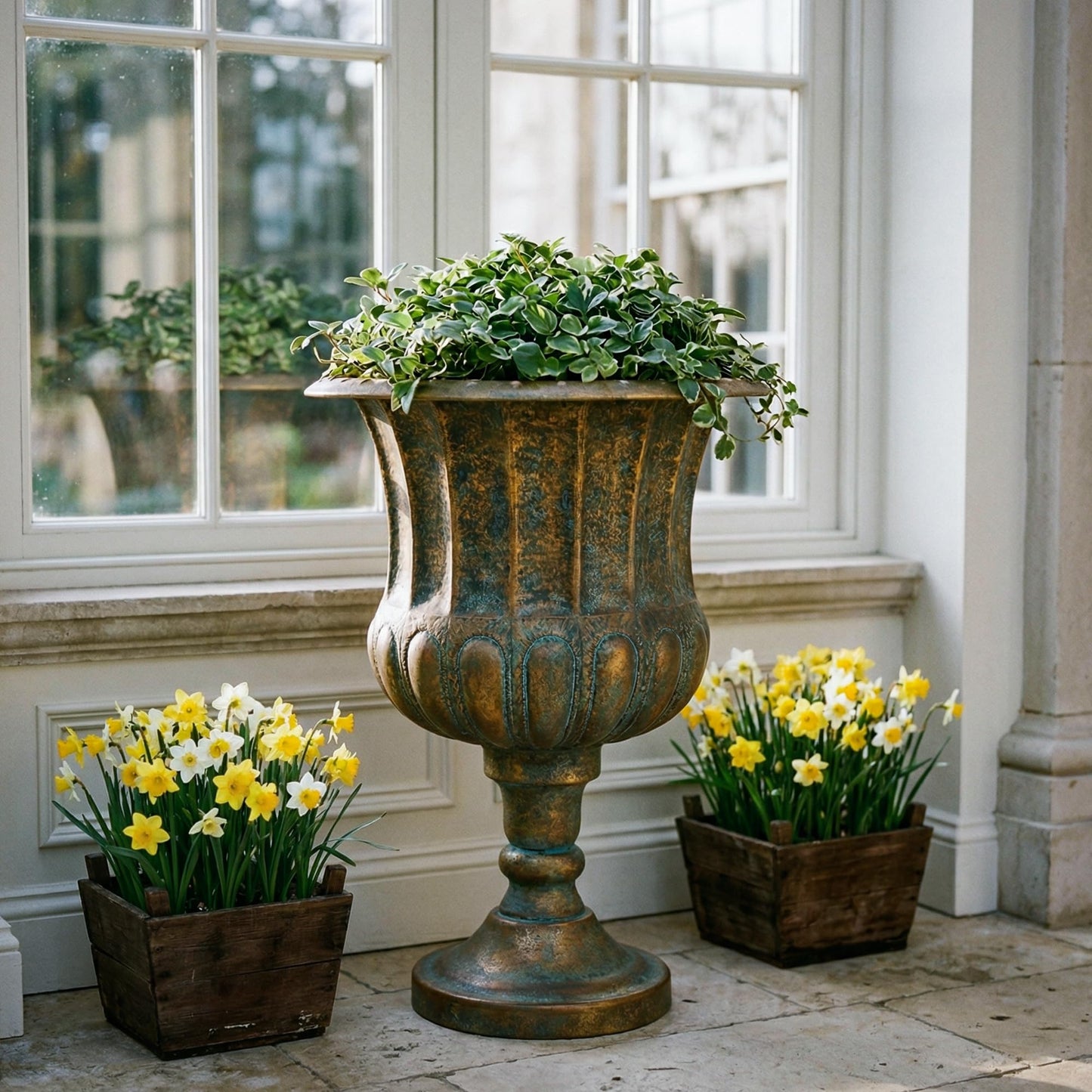 Worth Garden 24.5" H. Metal Urn Planters 2-Pack - Bronze Classic Antique Iron Plant Pots - Large Decorative Rustic Flower Pots for Outdoor Use - Traditional Urn Planter for Patio, Front Porch
