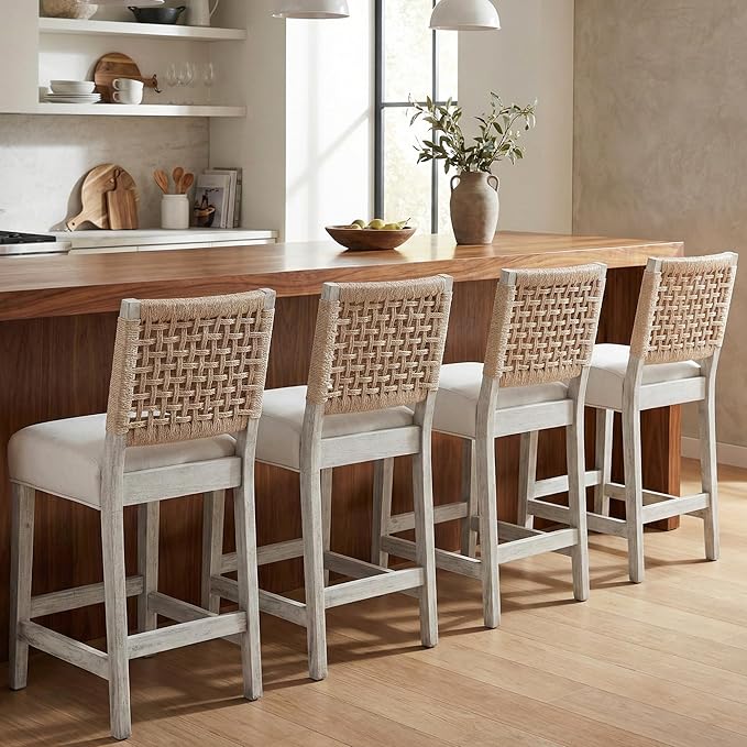27" White Bar Stools for Kitchen Counter, Mid Century Linen Fabric Counter