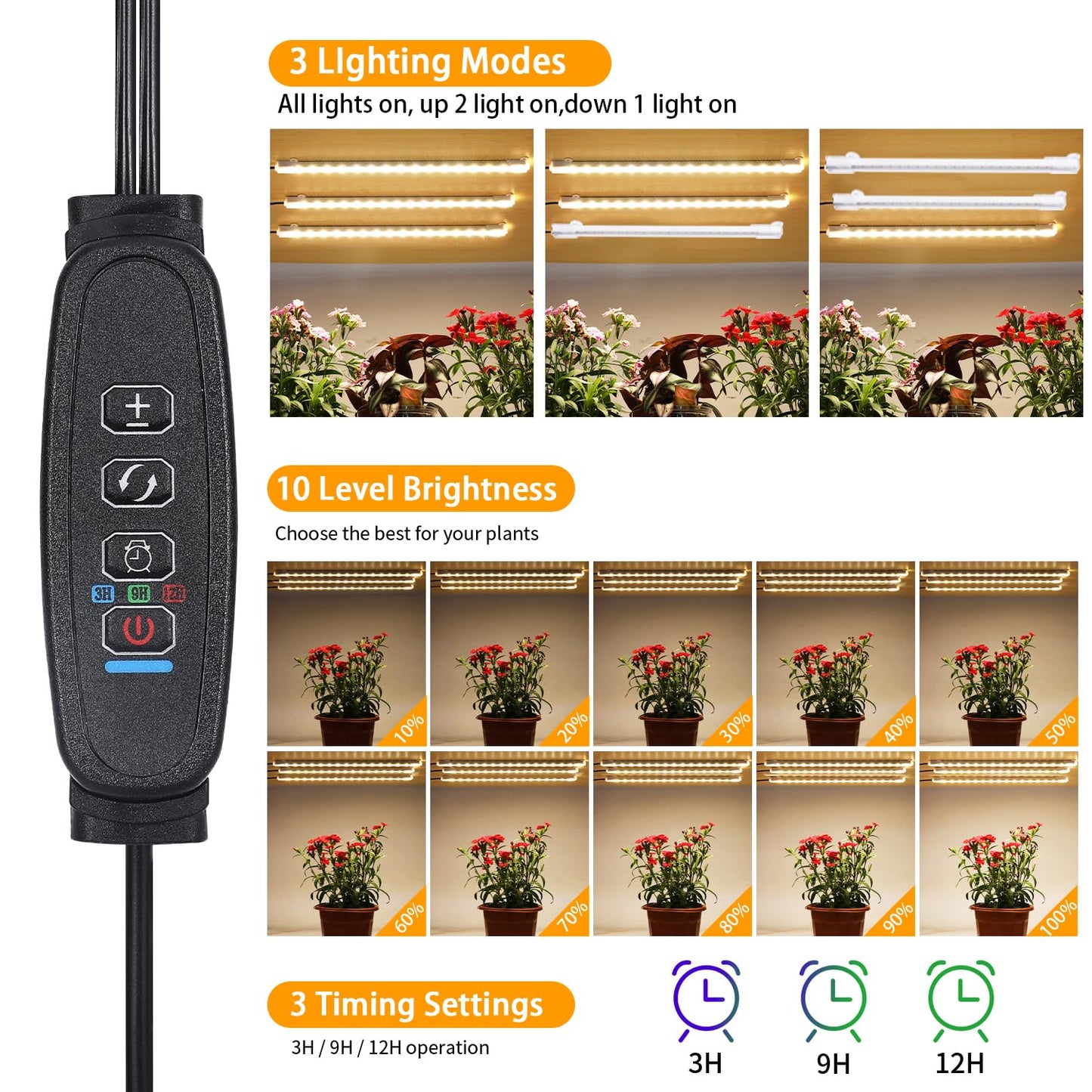LED Grow Light Strips, Grow Lights for Indoor Plants Full Spectrum 3000K, Plant Light Bar with 3/9/12H Timer, 10 Dimmable Levels for Seedling Succulent,Best Match for Plant Shelf(3 Head×2 Pack)