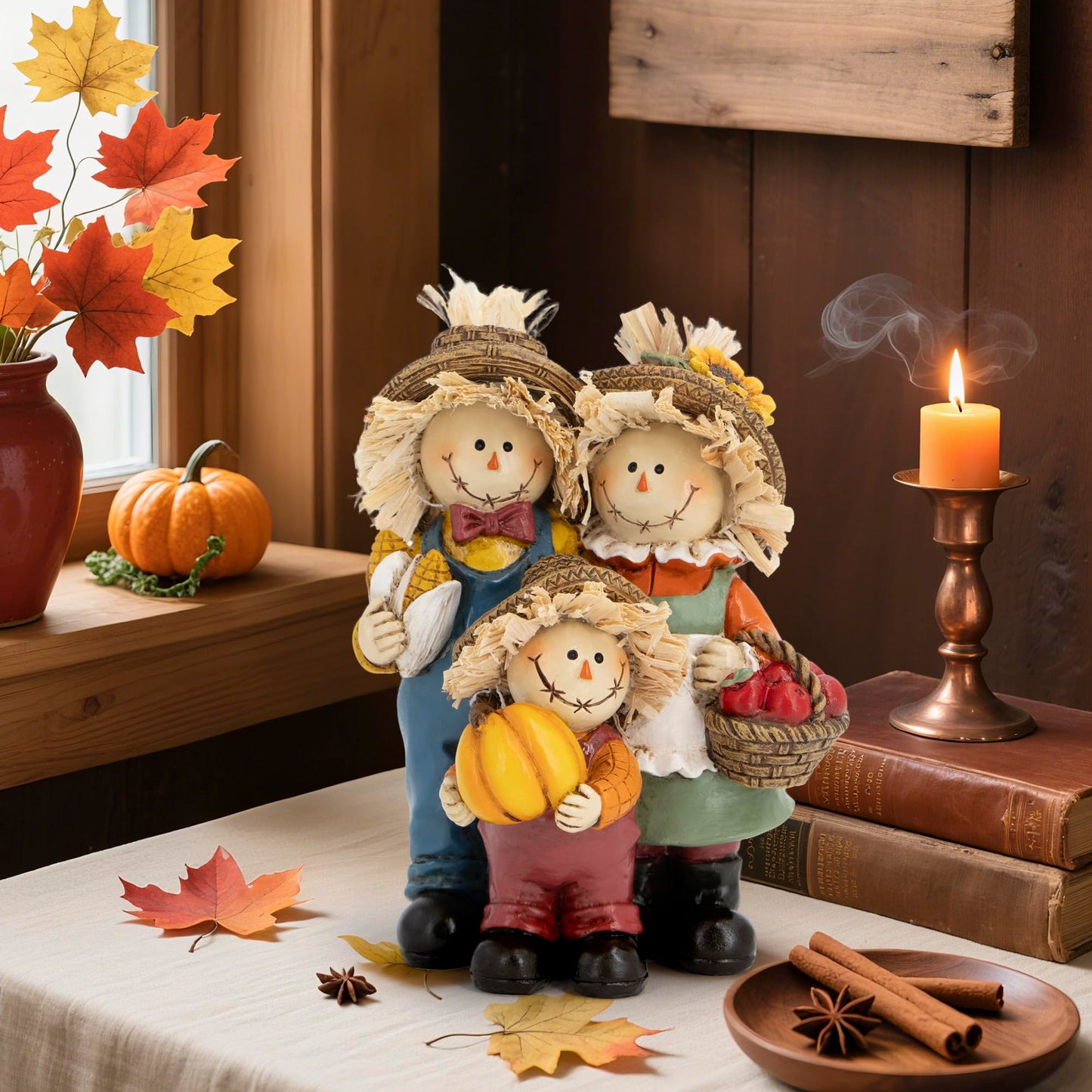 Hodao Thanksgiving Decorations for Table, Resin Fall Thanksgiving Scarecrow Family Figurine with Pumpkin, Corn & Apple Basket, Festive Gift for Autumn Home Decor