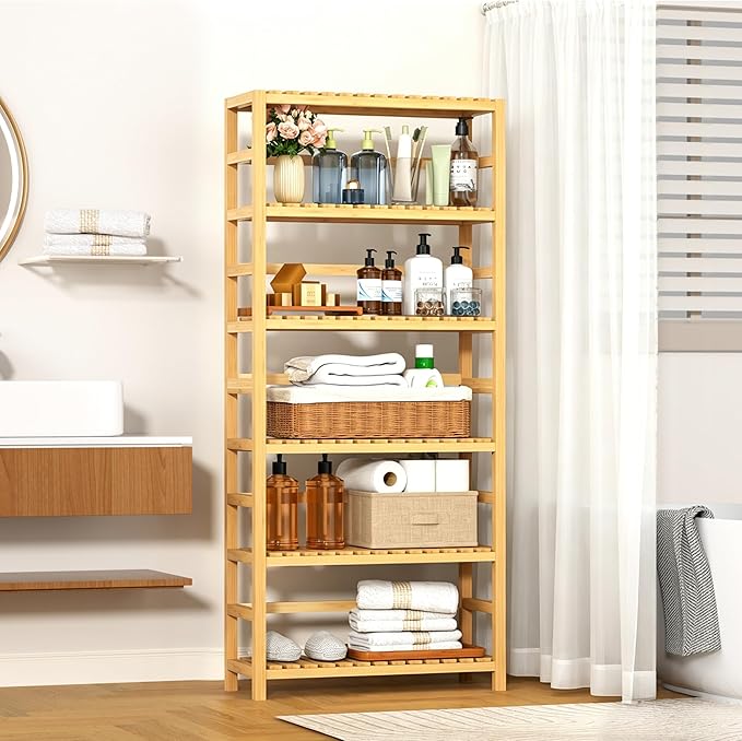 VASMIA 6-Tier Bamboo Shelf, Bamboo Storage Shelving Unit, Tall Bookcase
