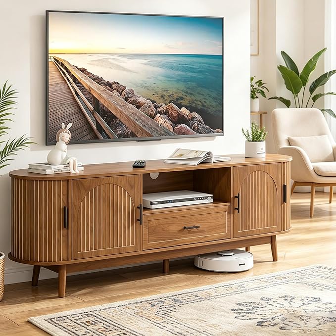 Mxtxmy 70" Fluted TV Stand for Tvs up to 80", Mid-Century Modern Entertainment
