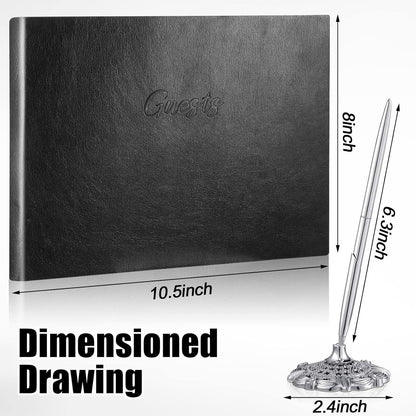 Leather Guest Book and Pen Stand Set, 10.5" x 8" Embossed Guests Sign in Book Registry Book for Funeral, Wedding Reception, Vacation Homes and Events, 80 Sheets (Black)