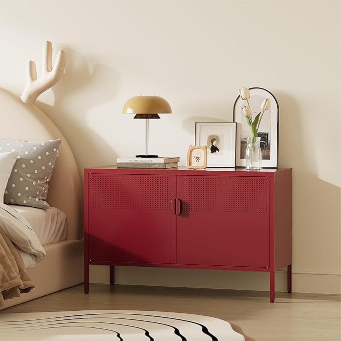 Metal Storage Cabinet, 2 Door TV Stand, Metal Mesh Accent Cabinet, Magnetic