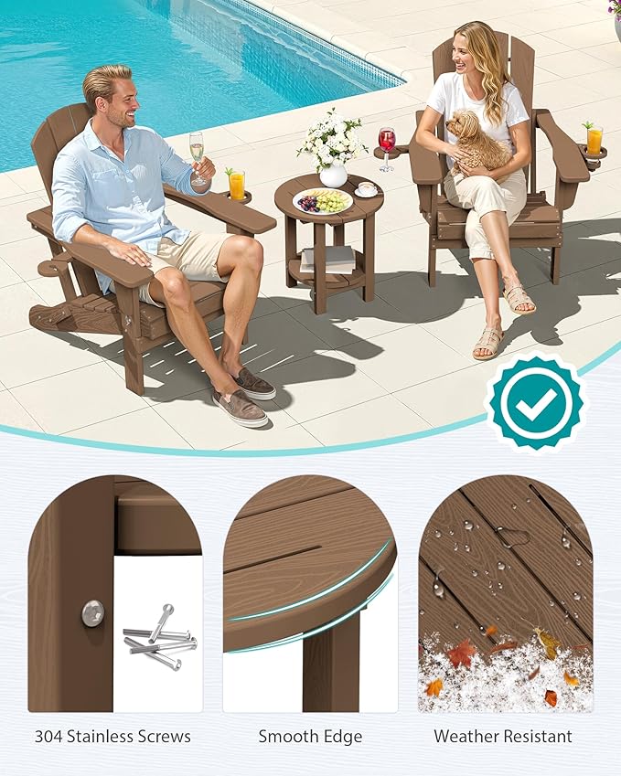 SERWALL Round Outdoor Side Table Set of 2, HDPE Small Adirondack Double End