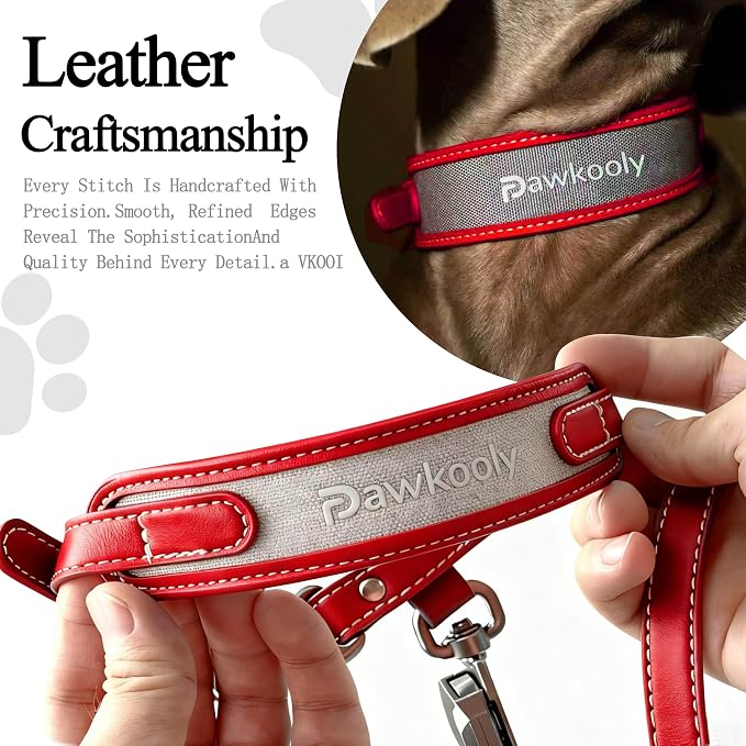 MagEase Dog Collar with 4FT Leash | Adjustable | Anti-Wrinkle, Bite & Stain-Resistant Leather | Soft & Skin-Friendly | 450LB Escape-Proof Magnetic Buckle (Red, Medium)