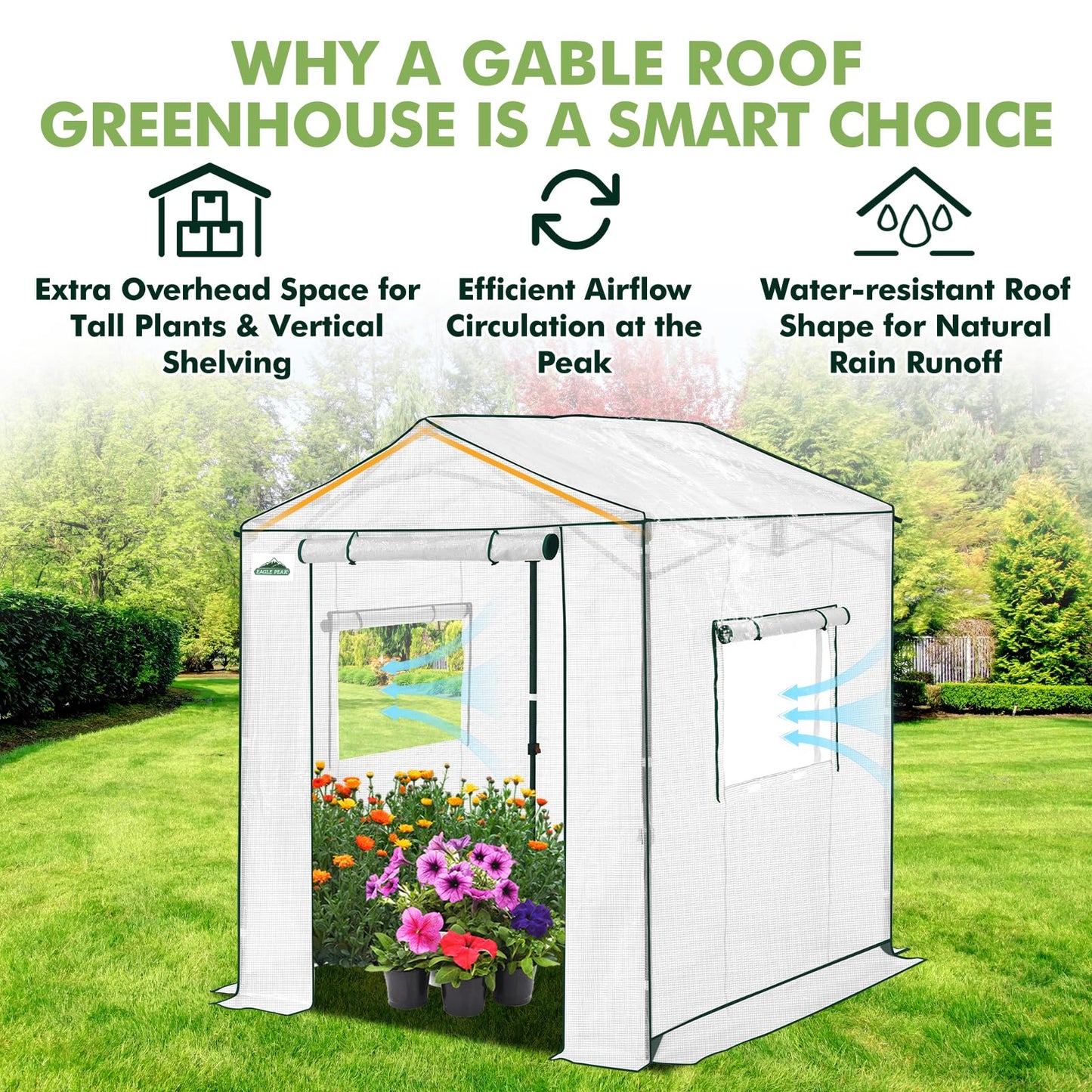 EAGLE PEAK 6x6 Portable Pop Up Greenhouse, Patented Center Lock Easy One Person Setup, Walk-in Outdoor Greenhouse with Gable Roof, Weight Bags, Zippered Doors & Windows, White