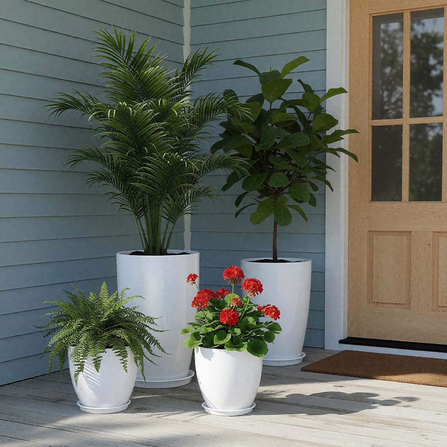 ZMTECH 24/21/12/10" H Large Plastic Planters with Drainage Hole and Saucer -Set of 4 Tall Plant Pots for Indoor & Outdoor Use,White Glossy Smooth Lightweight Flower Pot for Front Porch Patio Deck
