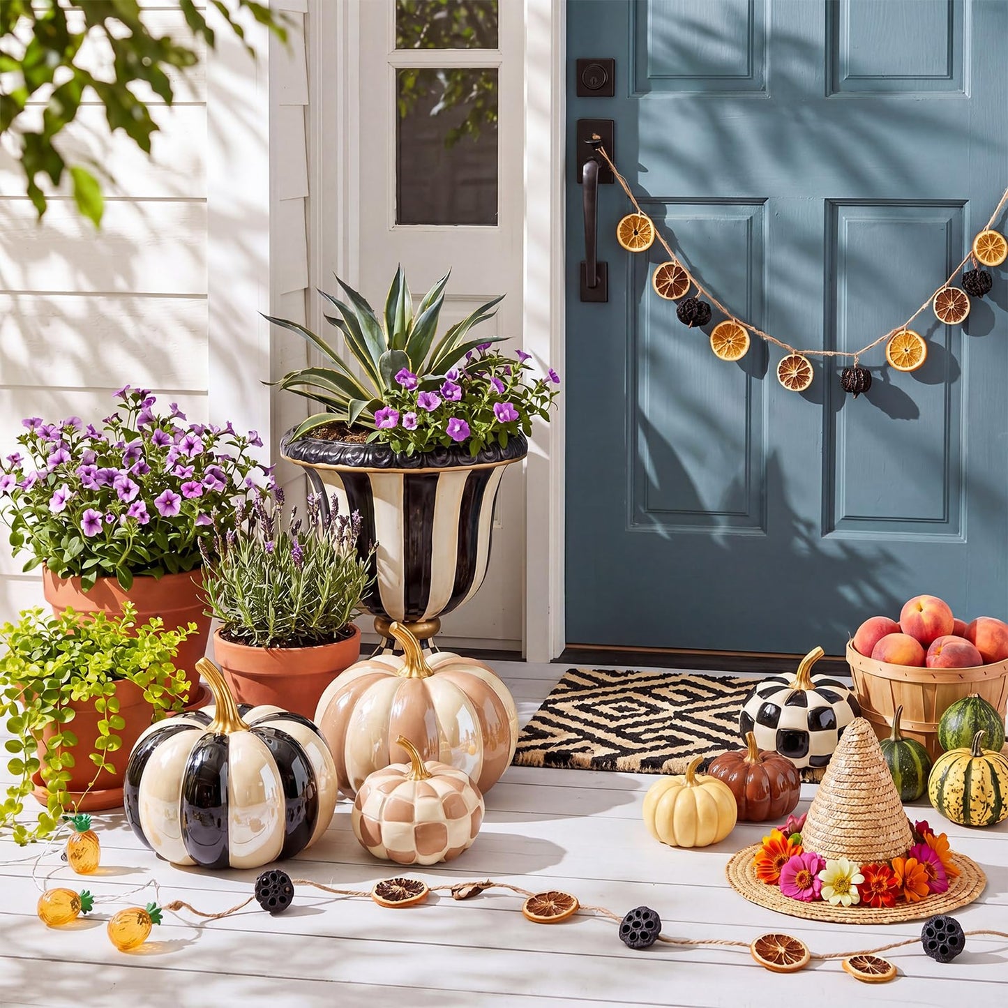 Pinkunn 6 Pcs Halloween Black and White Pumpkins Fall Decor White and Brown Yellow Checkered Striped Resin Pumpkin Decoration for Thanksgiving Autumn Farmhouse Porch Decorations Table Centerpieces