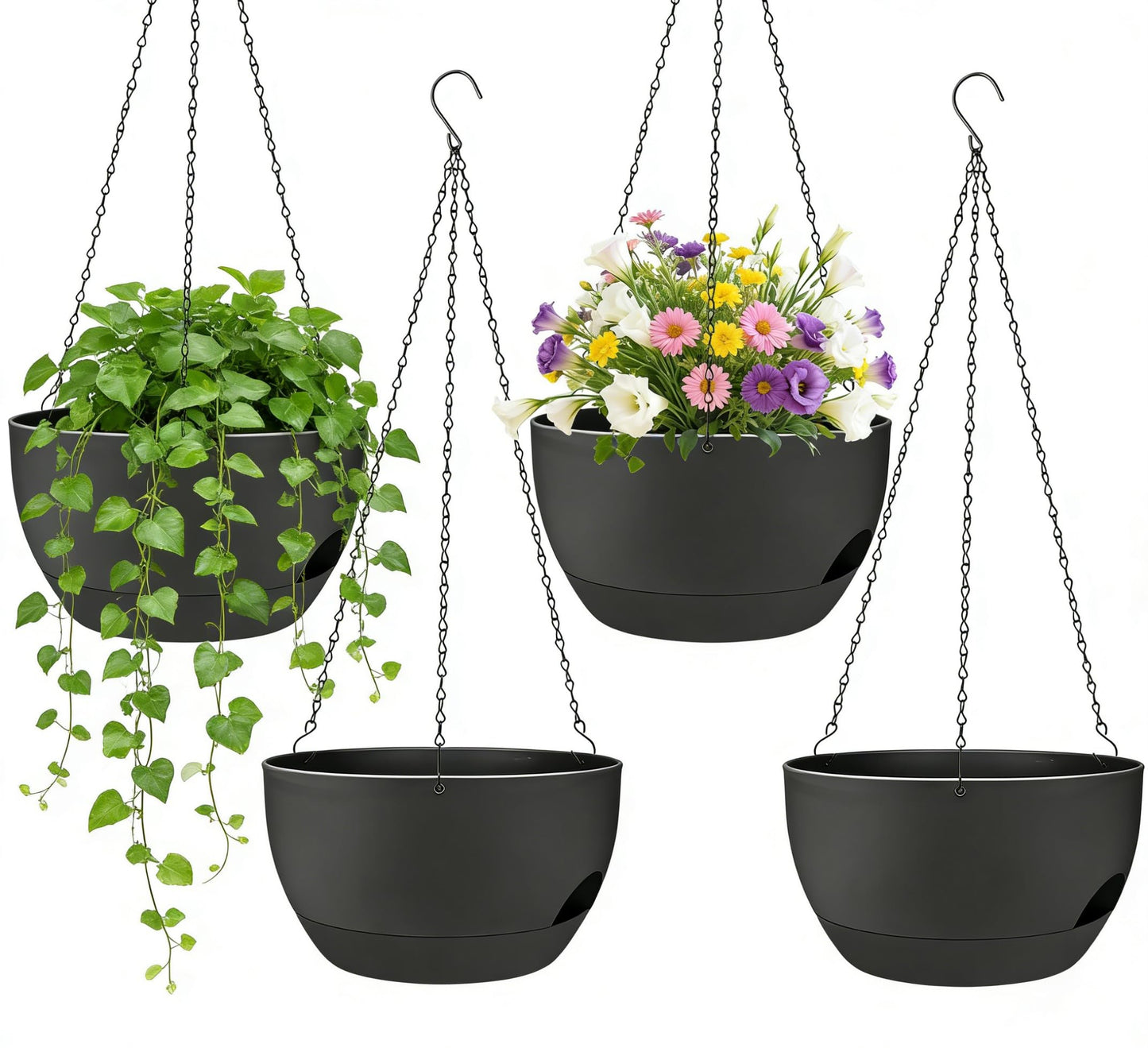 zople Set of 4-8 Inch Self Watering Hanging Planters for Indoor Outdoor，Hanging Plant Pots with Drainage & Removable Tray, Hanging Pots Holder for Ivy, Pothos, Ferns, Balcony & Patio, Black