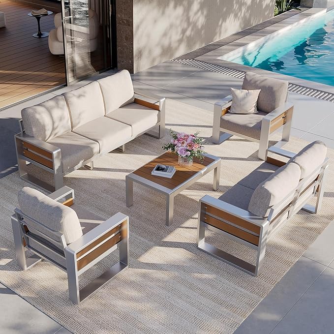 Aoxun Aluminum Patio Furniture Set, 7 Seats Luxury Metal Patio Conversation Sets