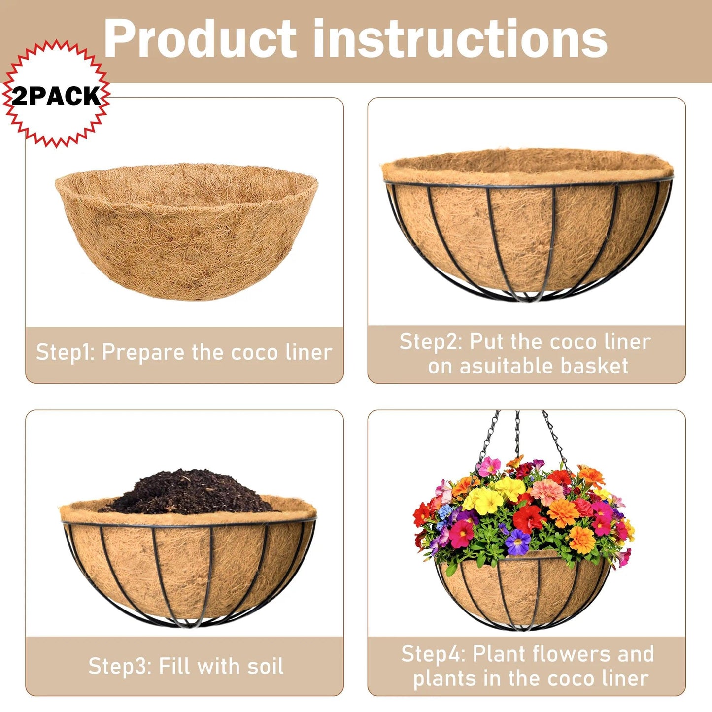 KIDYBELL 2 Pack 12 inch Hanging Baskets Planter for Plants Vegetables Flowers Outdoor Black Round Wire Plant Holder with Coco Fiber Liners Garden Balcony Patio Deck Porch Indoor Hanging Baskets