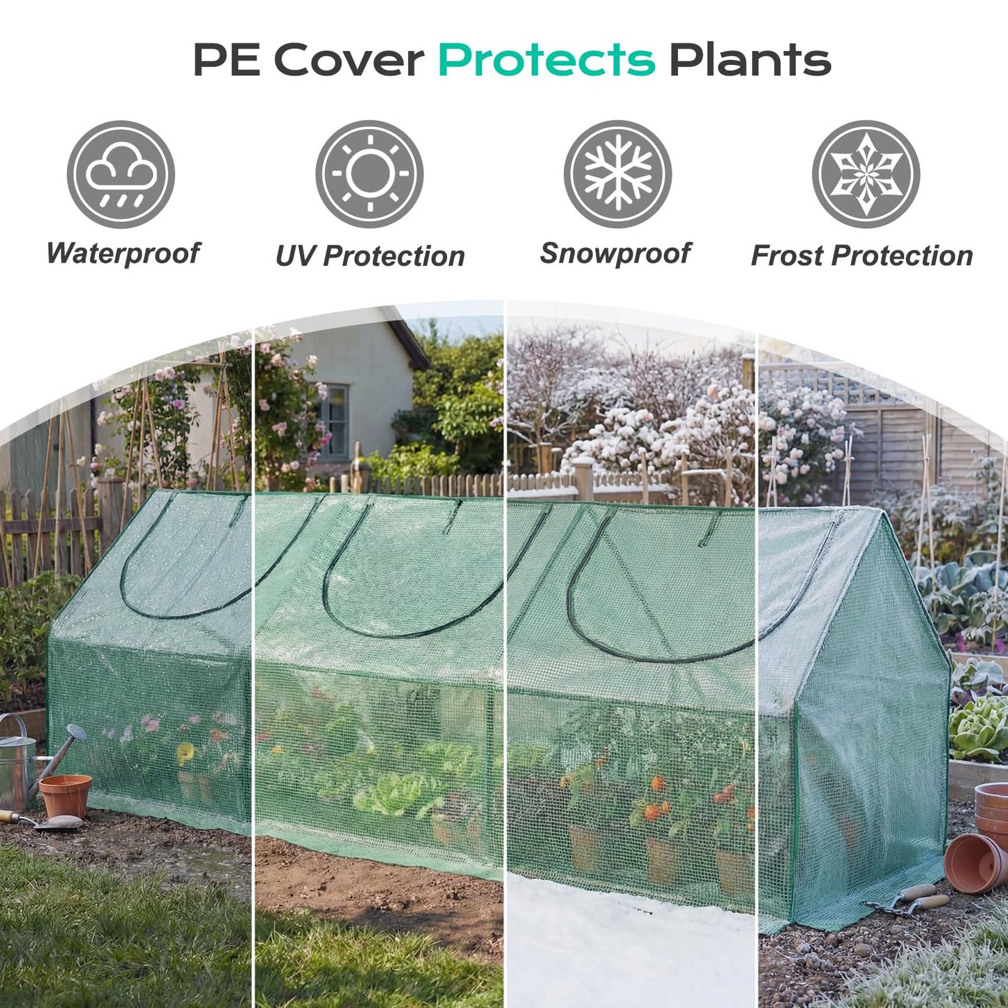 BPS 9x3x3 ft Mini Greenhouse with Green PE Cover UV-Protected Roll-Up Zipper Doors, Ideal for Indoor or Outdoor Use on Raised Garden Beds
