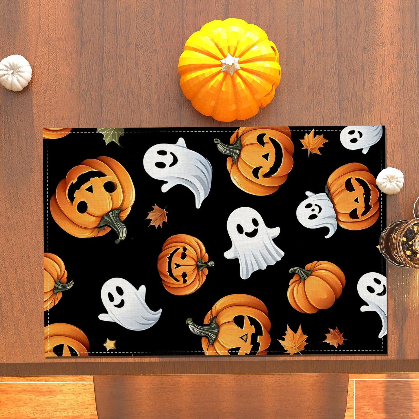 Halloween Ghost Pumpkin Placemats Set of 4 Halloween Day of The Dead Party Decorations and Supplies for Home Kitchen Dining Room Table-12×18''