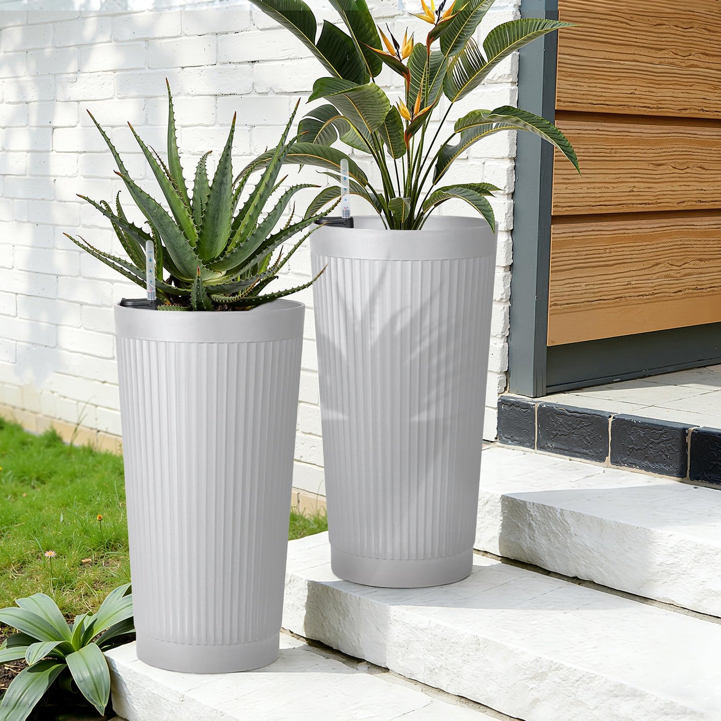 TUYOHW 2-Pack 24in Round Plastic Planters with Self-Watering System and Vertical Ribbed Design – Perfect for Home, Patio, Garden Plants