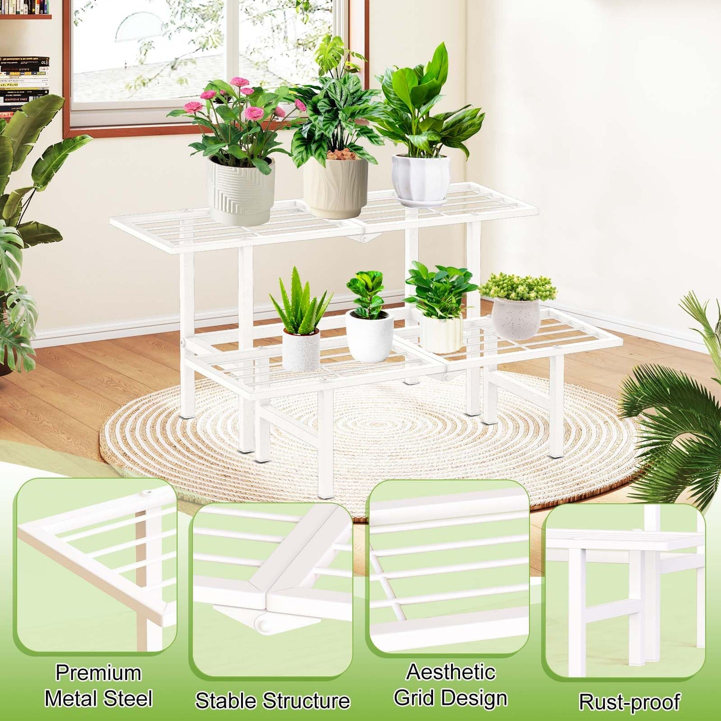 jsyonii 2 Tier Metal Plant Stand Outdoor Indoor, Separated Tiered Outdoor Folding Plant Shelf, Ladder Plant Stands Display Rack for Garden Window, 8.3/15.4'' Tall (White)
