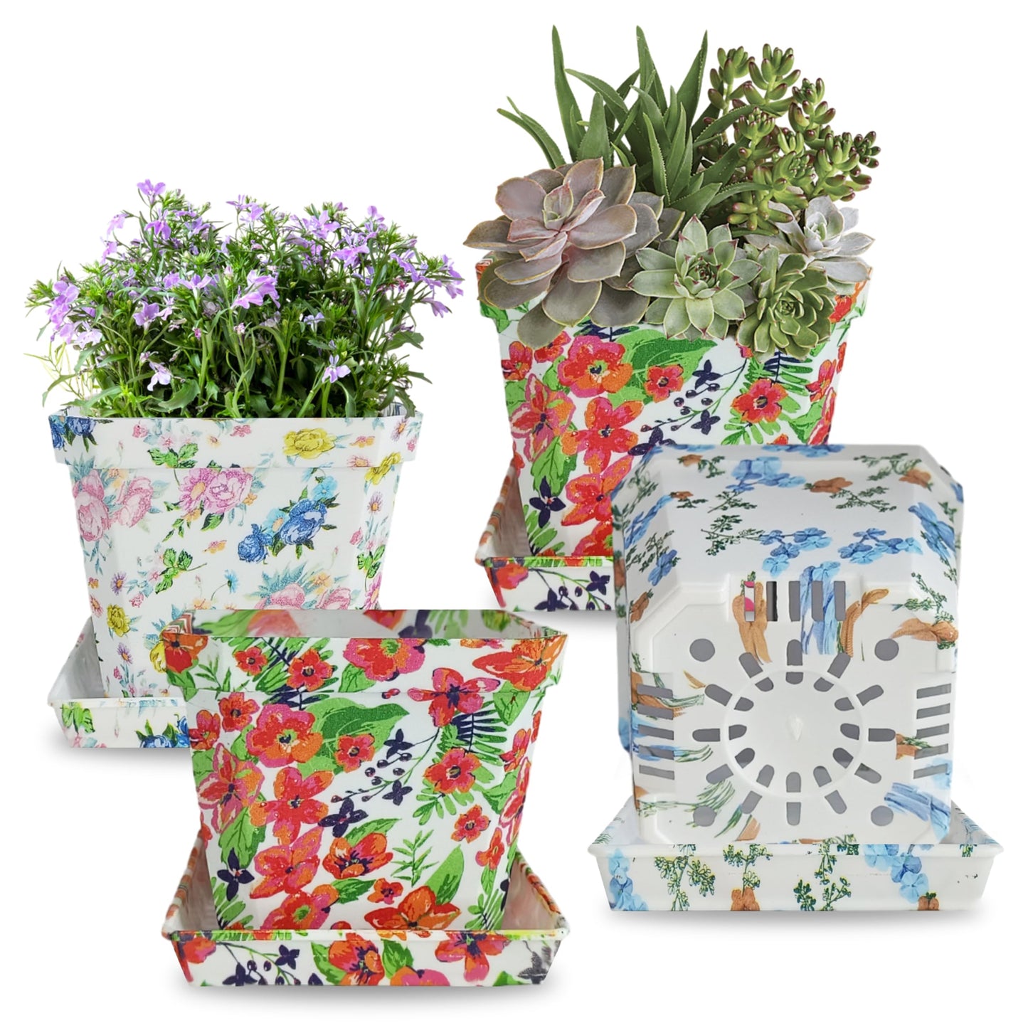 XINAOBAOLUO Plastic Plant Pots Printed Flower Pot with Pallet Container Indoor Outdoor of Your Room,Garden Office and Balcony Decor Modern Decorative Gardening Containers