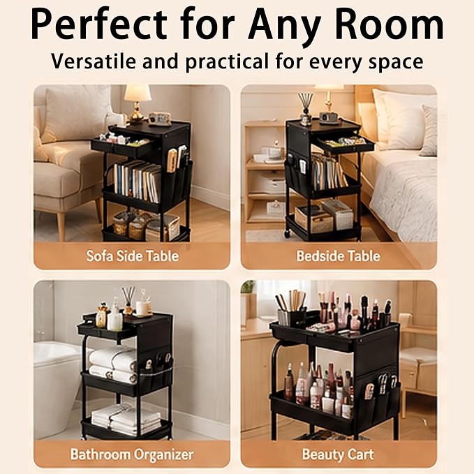 BLULEE 3-Tier Rolling Storage Cart with Pull-Out Drawer & Side Organizer | Heavy-Duty Carbon Steel Utility Cart with Lockable Wheels, Mobile Organizer Rack for Bathroom, Makeup, Nursery & Kitchen