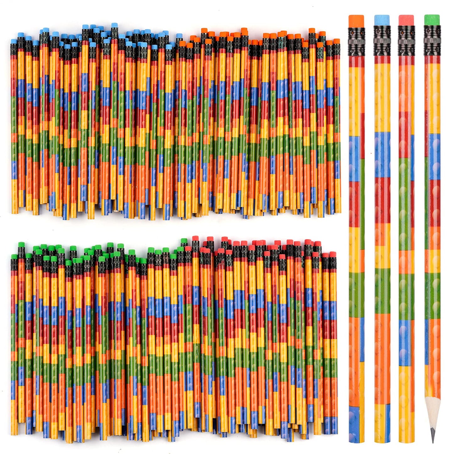 Kolewo4ever 200 Pieces Building Block Wood Pencils Colorful Round Pencils with Top Erasers Students Birthday Goody Bag Bulk Filler for Exams School Office Sketching Learning Activities