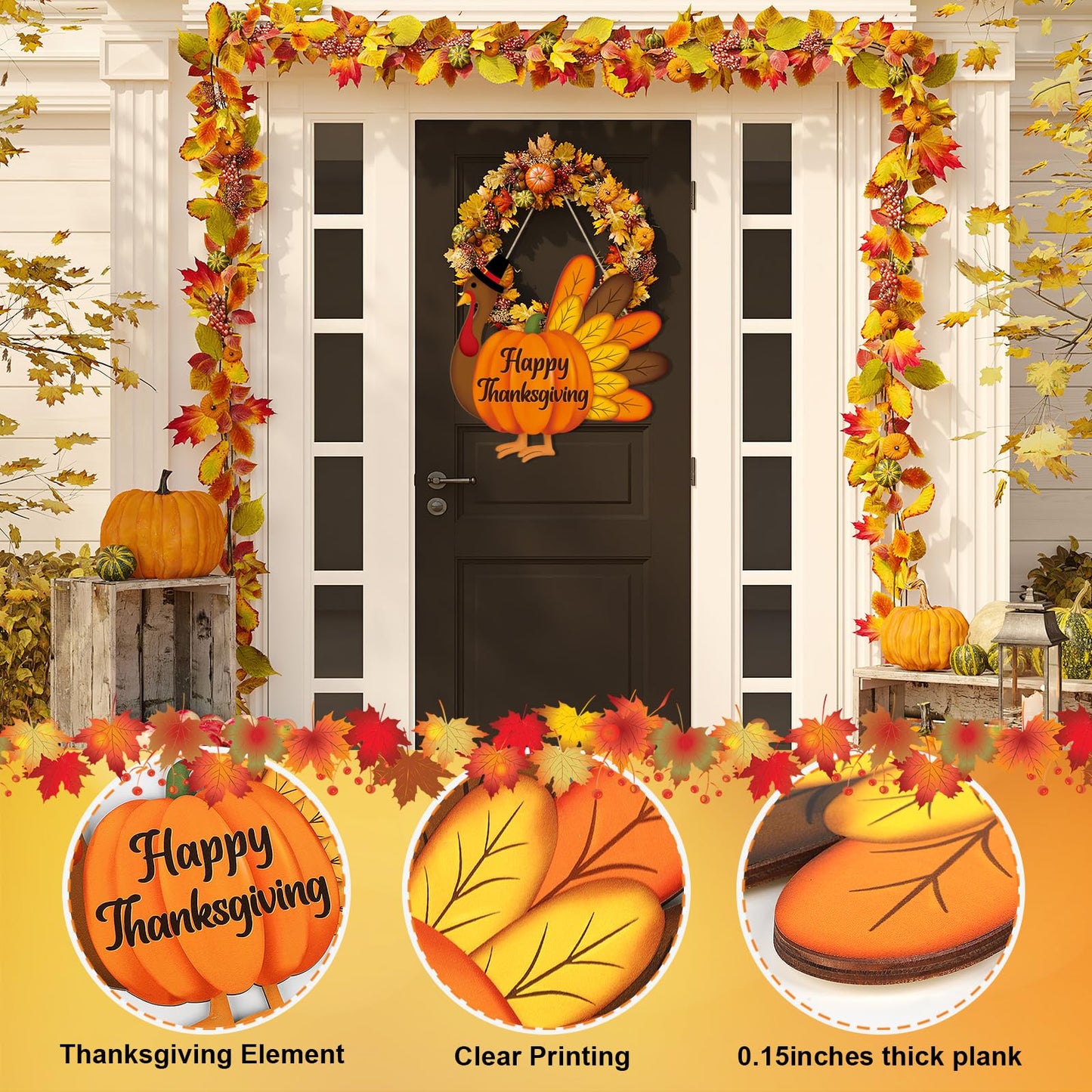 Thanksgiving Decoration Wooden Turkey Pumpkin Door Wreath for Front Door Sign Wall Signs, Thankful Blessed Grateful Pumpkin Sign Hanging for Fall Autumn Harvest Home Halloween Decoration