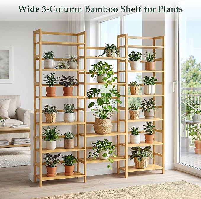 Homykic Bamboo Bookshelf, 71” Tall Triple Wide Bookcase