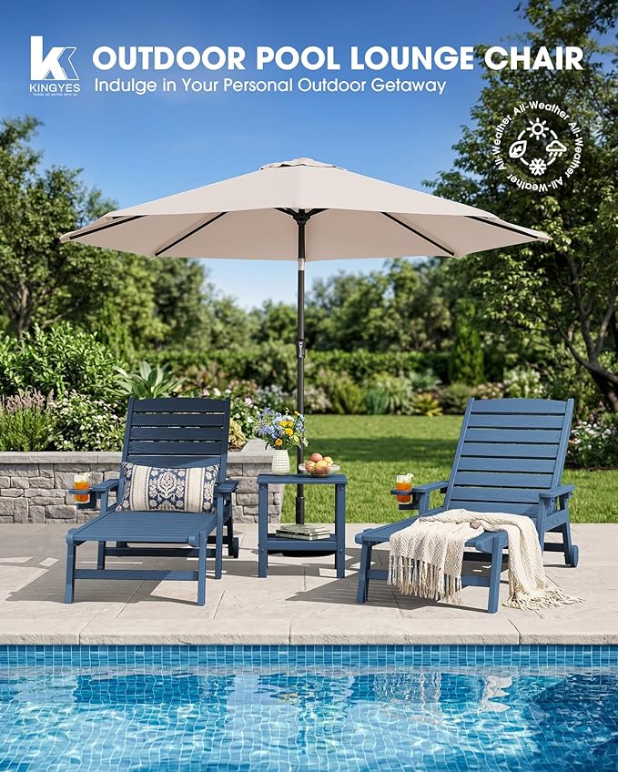 KINGYES HDPE Lounge Chair Outdoor, Patio Chaise Lounge Recliner