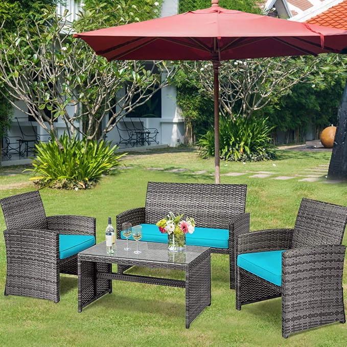 Tangkula 4 PCS Wicker Patio Conversation Set, Outdoor Rattan Sofas