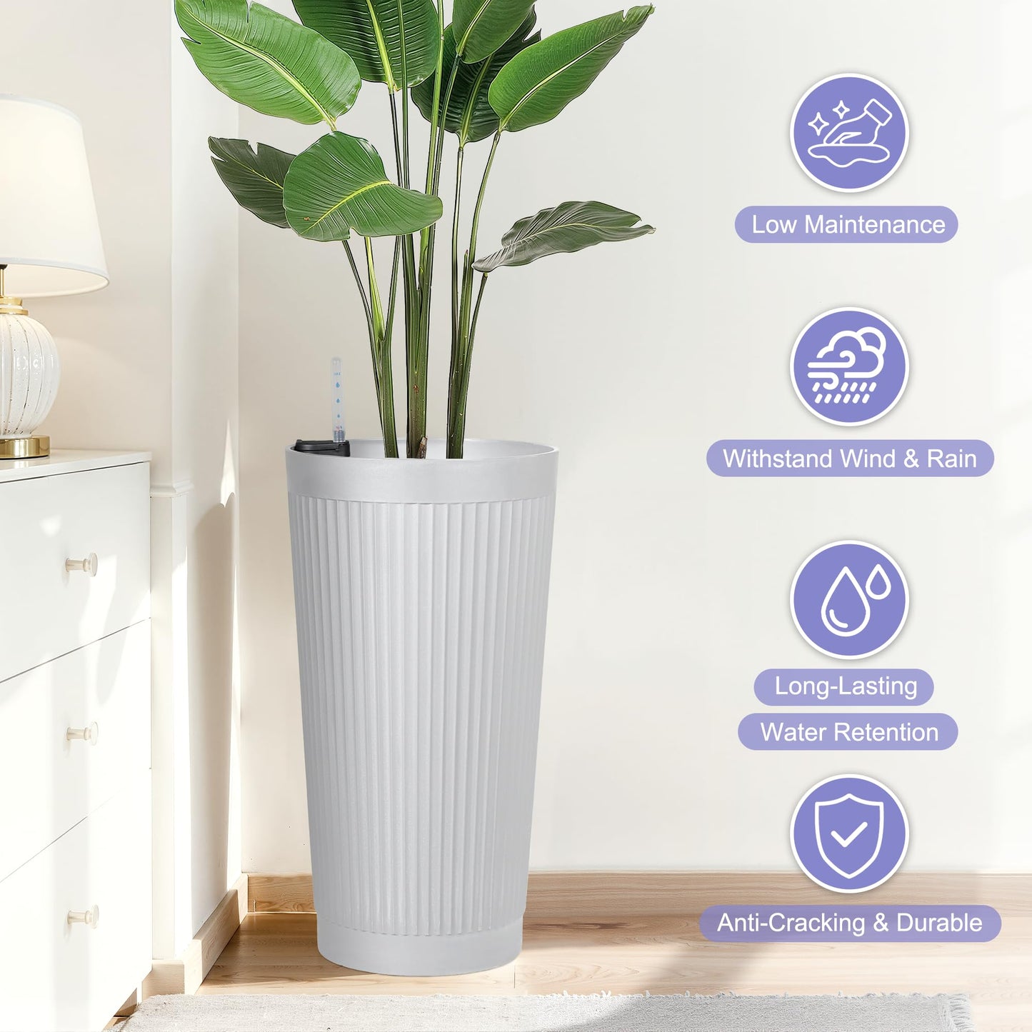 PolarcoForgeco 24in Tall Self-Watering Planters Set of 2 - White Flower Pots with Water Level Monitor, Non-Toxic Plastic Planters for Indoor Outdoor Patio, Porch, Living Room, Home Office