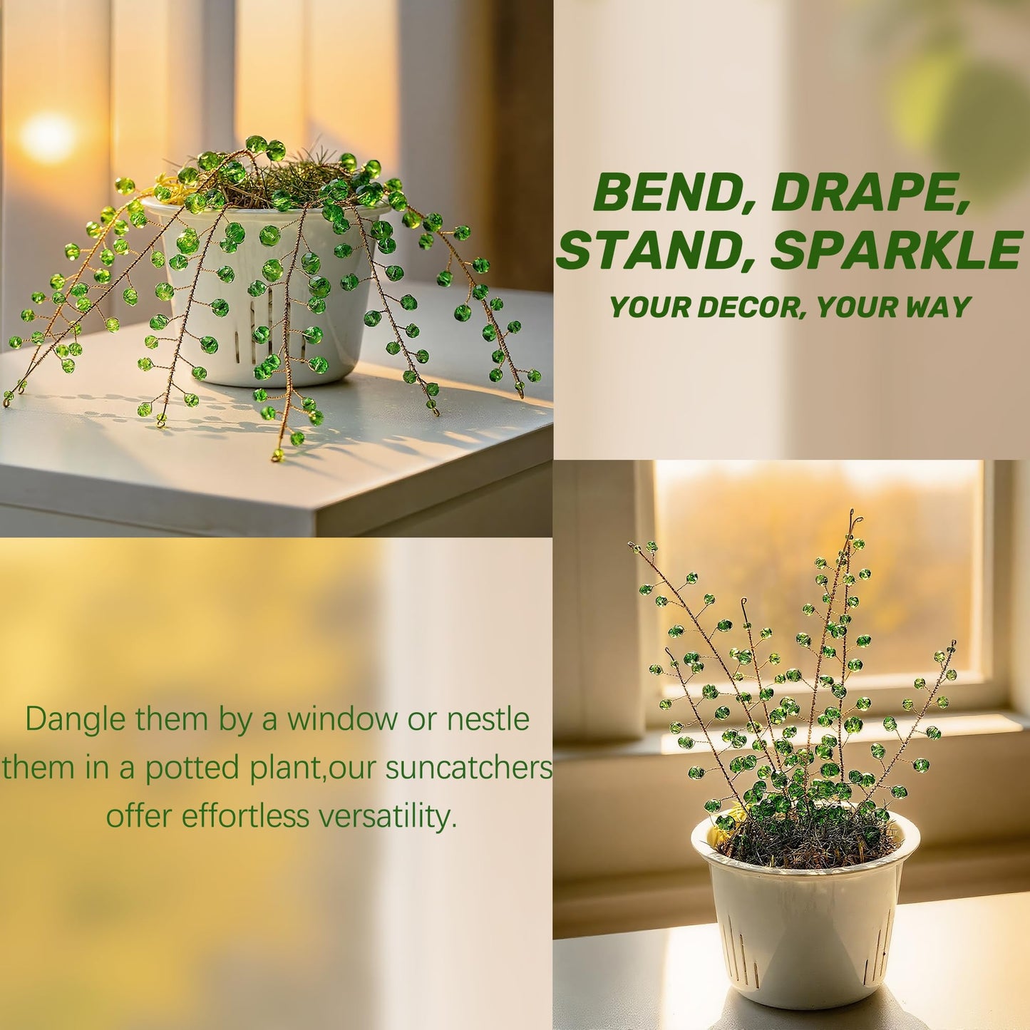 H&D HYALINE & DORA 6 Pcs Crystal Beaded Suncatchers Artificial Green Plants Hanging Wind Chime with Chain for Window Indoor Outdoor Potted Plants Decorations Plant Lover Gift