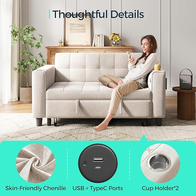 LINSY Sleeper Sofa Bed, Small 3 in 1 Convertible Loveseat Sleeper Couch