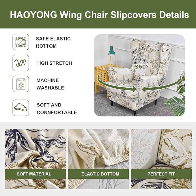 HAOYONG Wing Chair Slipcovers Printed Wingback Chair Covers 2 Pieces Wingback