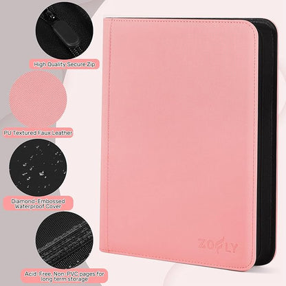 30 Pack 9 Pocket Card Binder, Premium Zip Trading Card Binder, 540 Large Capacity Side-Loading Card Storage Album, PU Card Collection Binder for Gifts, TCG, MTG, Baseball Football Sport Cards, Pink