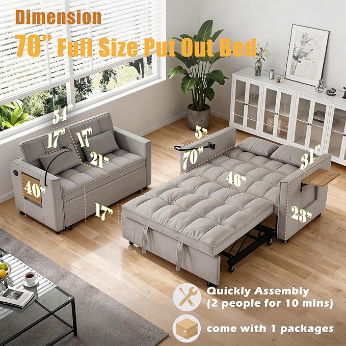 70” 3-in-1 Convertible Sofa Bed Couch