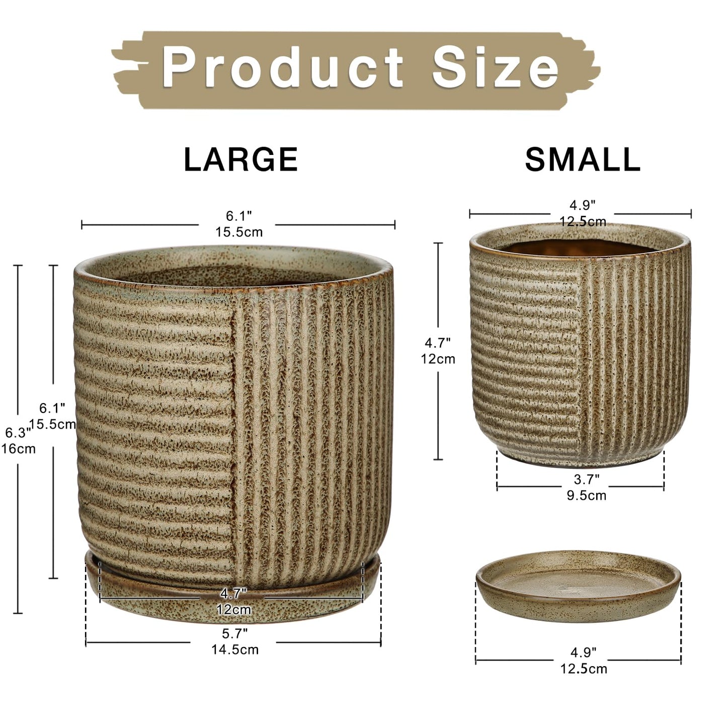 Oairse Ceramic Pots for Indoor Plants, 6.1 +4.9 inch Pots for Plants Set of 2 Brown Plant Pots with Drainage Holes and Saucers Texture Ceramic Planters Indoor Outdoor Flower Pot for Succulent
