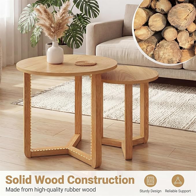 Tangkula Round Nesting Coffee Table Set of 2, Farmhouse End Tables