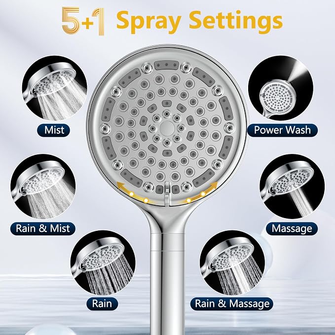 6 Spray Modes Filtered Handheld Showerhead Set, Huge 6-Inch High Pressure Shower Head with Handheld Spray, Chrome Water Softener Shower Head for Hard Water, Built-in Power Wash to Clean Tub