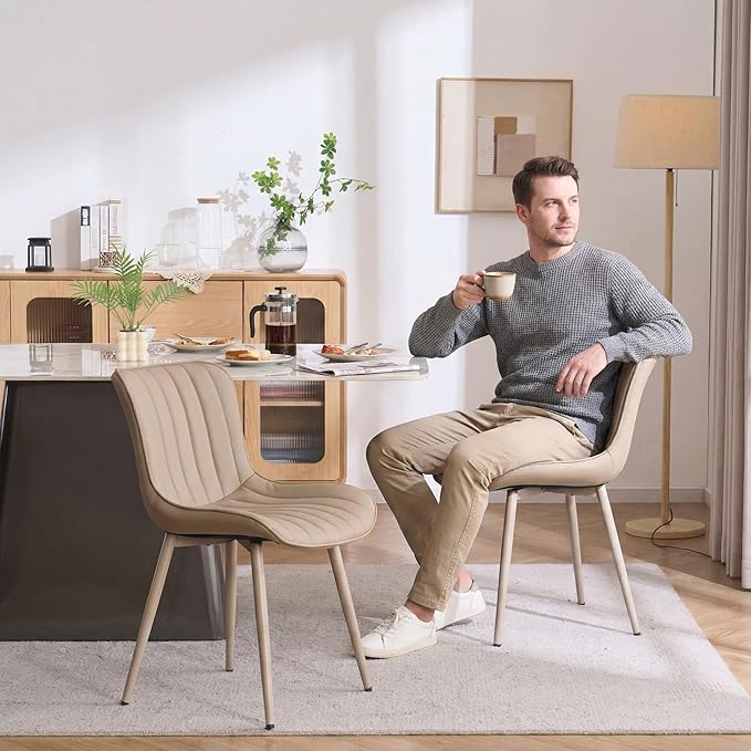 YOUNUOKE Mid-Century Modern Dining Chairs Set of 2, Khaki PU Leather
